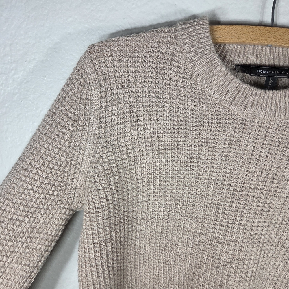 BCBG Maxazria Tan Waffle Knit Sweater M Long Sleeve Cropped Wool Cashmere - Picture 6 of 16